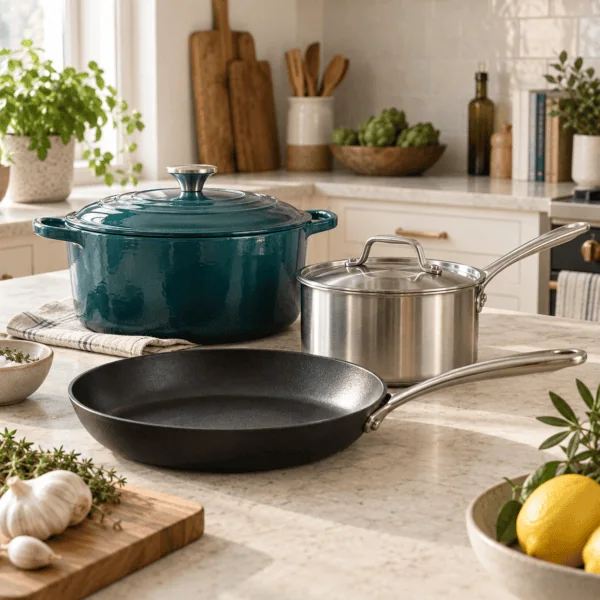 Cookware arranged in a bright kitchen
