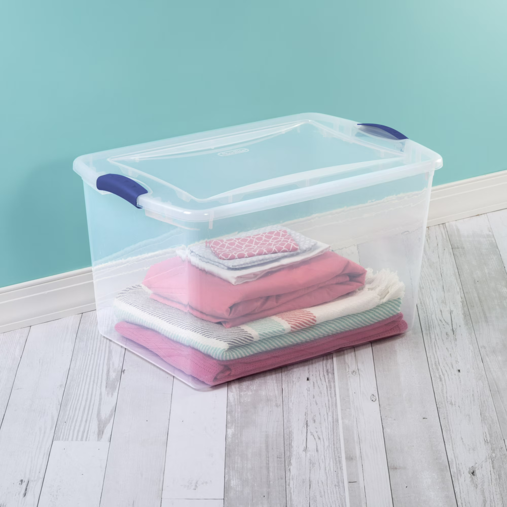 72b2de9a-283e-4328-9455-a028e03f8811.8778724fb098c0ebfe01e5024bc2c874 Large Storage Bin, 66 Quart Clear Plastic Storage Container with Latch Lid, Blue - Image 1