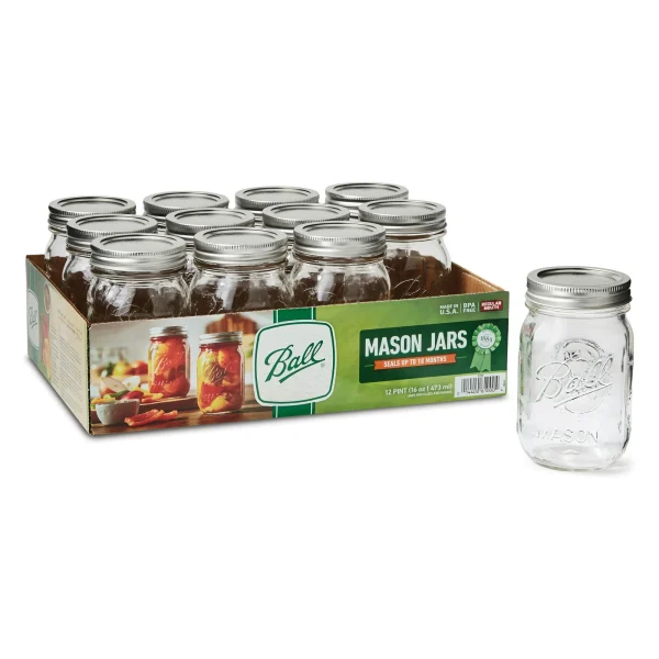 Regular Mouth 16oz Pint Mason Jars with Lids & Bands, 12 Count