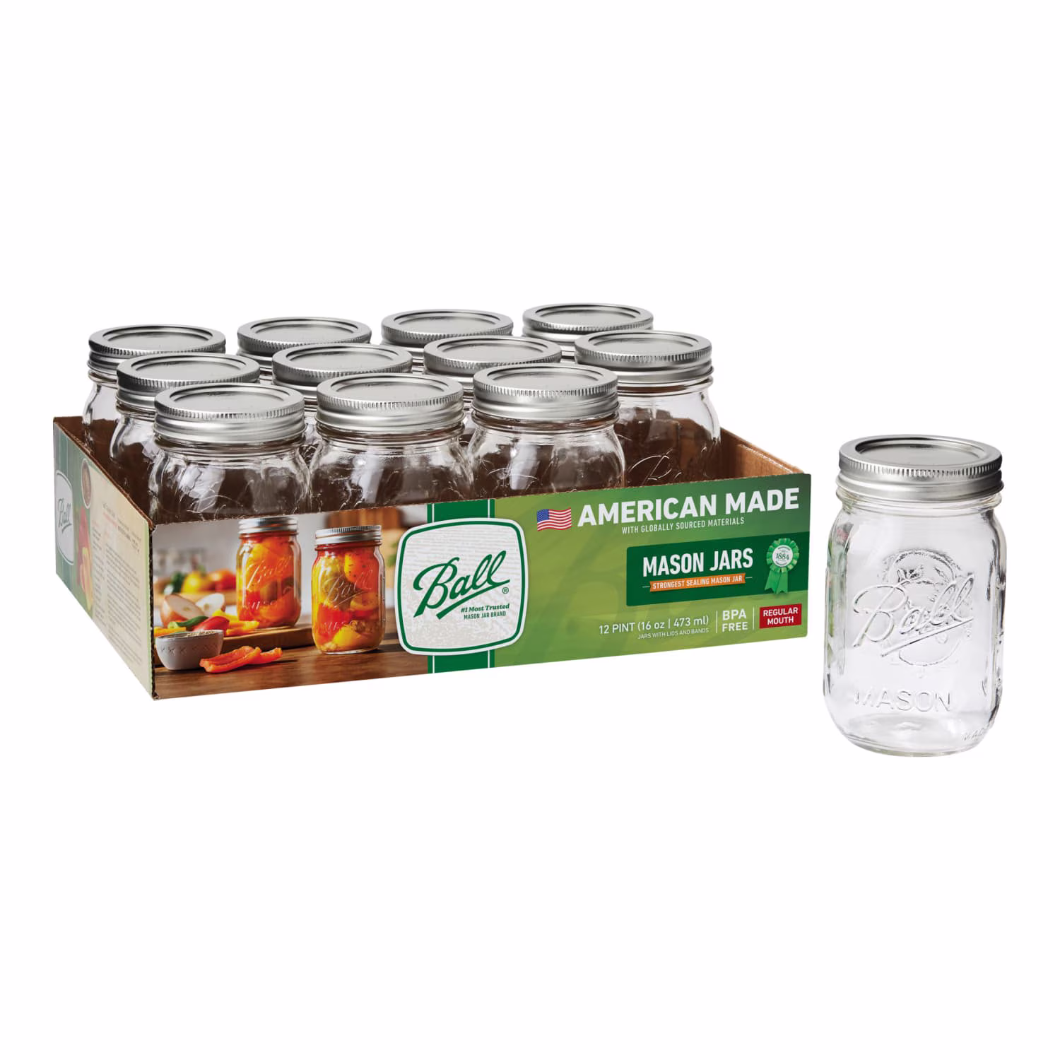 Ball-Regular-Mouth-16-oz-Pint-Mason-Jars-with-Lids-Bands-12-Count_e4a32e23-0600-4c11-91b6-79d6a4c22500.dceef7a7655aeee64e8ea3208319b9e7 Regular Mouth 16oz Pint Mason Jars with Lids & Bands, 12 Count - Image 1