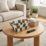 Green Checkered Paper Storage Basket with Wooden Handles - Image 3