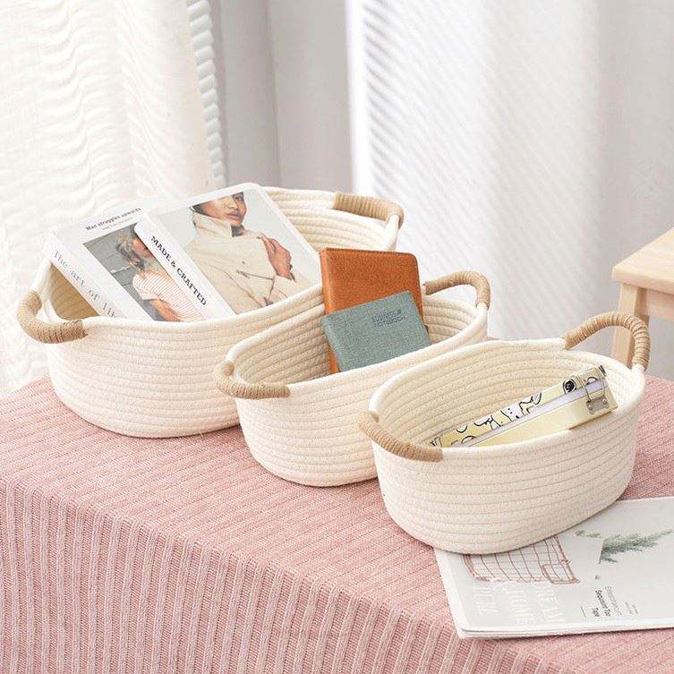 Cotton Rope Storage Basket with Handles, Grey or Beige