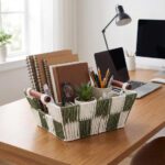 Green Checkered Paper Storage Basket with Wooden Handles - Image 4
