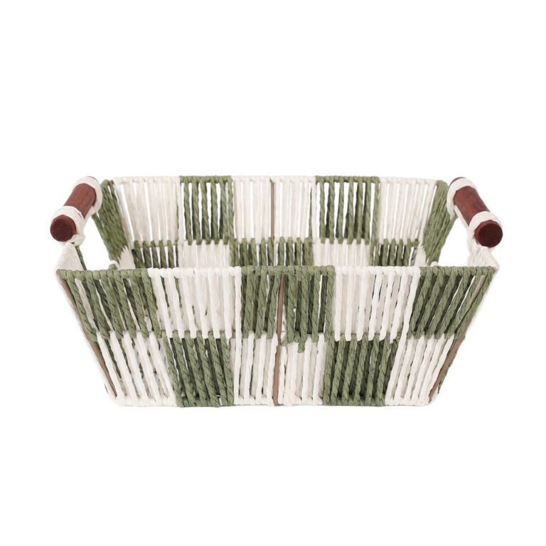 Green Checkered Paper Storage Basket with Wooden Handles